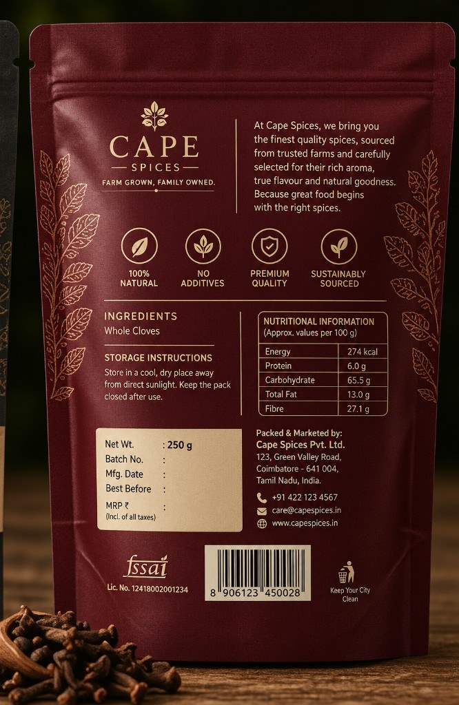 Cloves pack back label