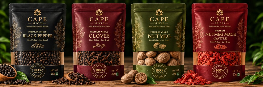 Cape Spices full product lineup of black pepper, cloves, nutmeg and nutmeg mace