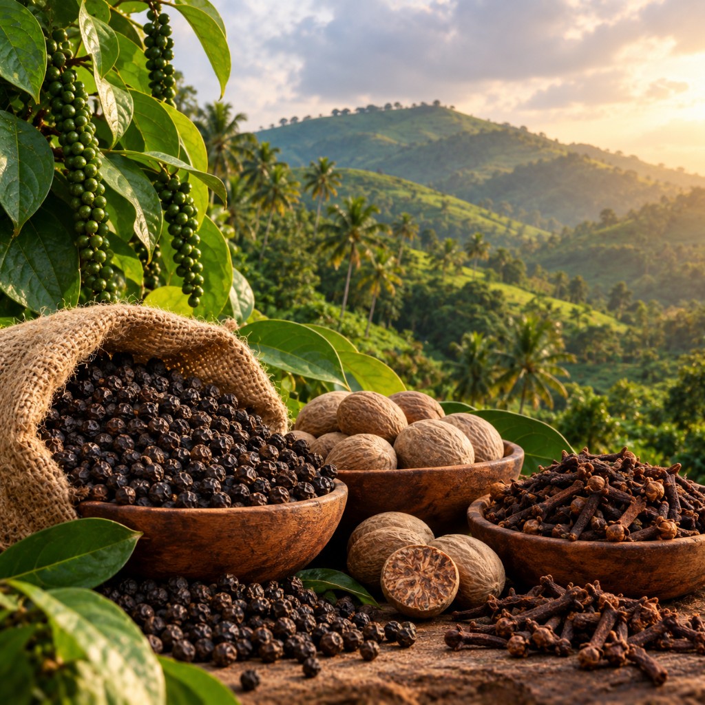 Whole black pepper, nutmeg and cloves set against the green hills of a Kanyakumari spice estate